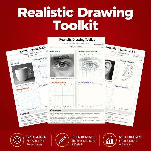 Realistic Drawing Toolkit worksheet showing the reference photo, labelled grid, practice grid and freehand box